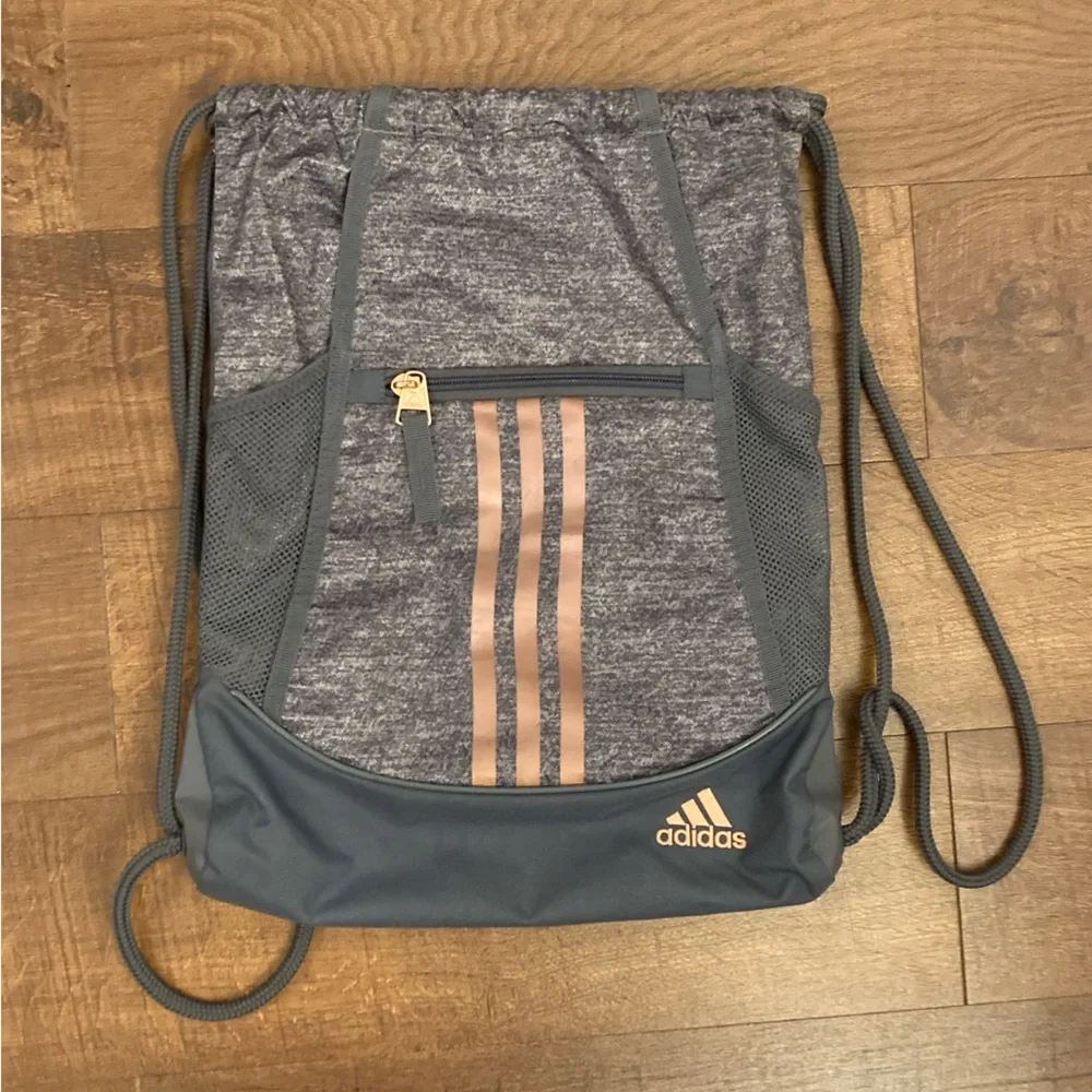 Adidas Gray Drawstring Backpack Bag w/ Rose Gold Accent Details EUC - Picture 2 of 7